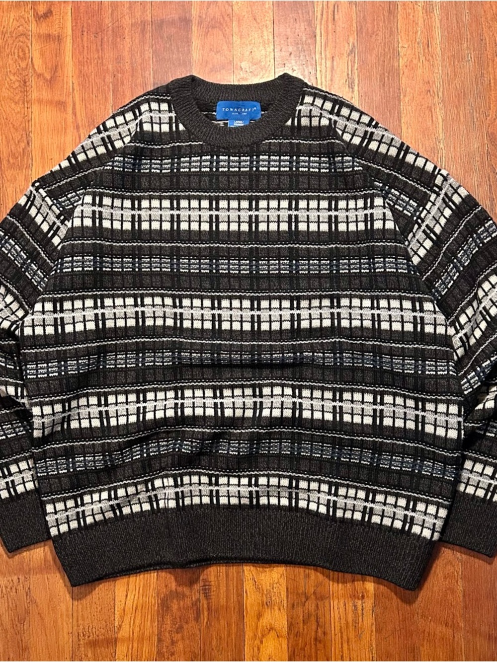 Vintage Town Craft ‘90s Grandpa Geometric Striped Gray Black Crewneck Sweater L